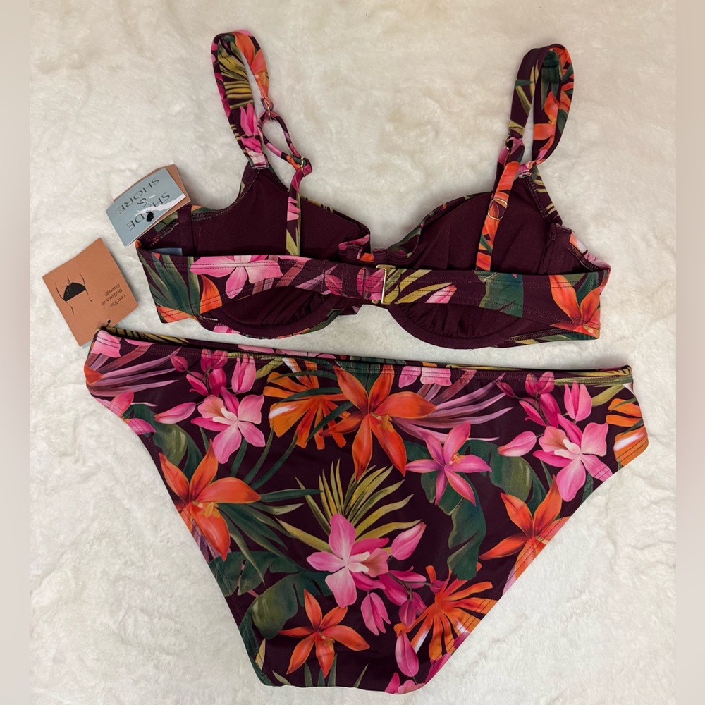Shade & Shore Burgundy Tropical Floral 2-piece Bikini, Bottoms L, Top 36C - Picture 3 of 8